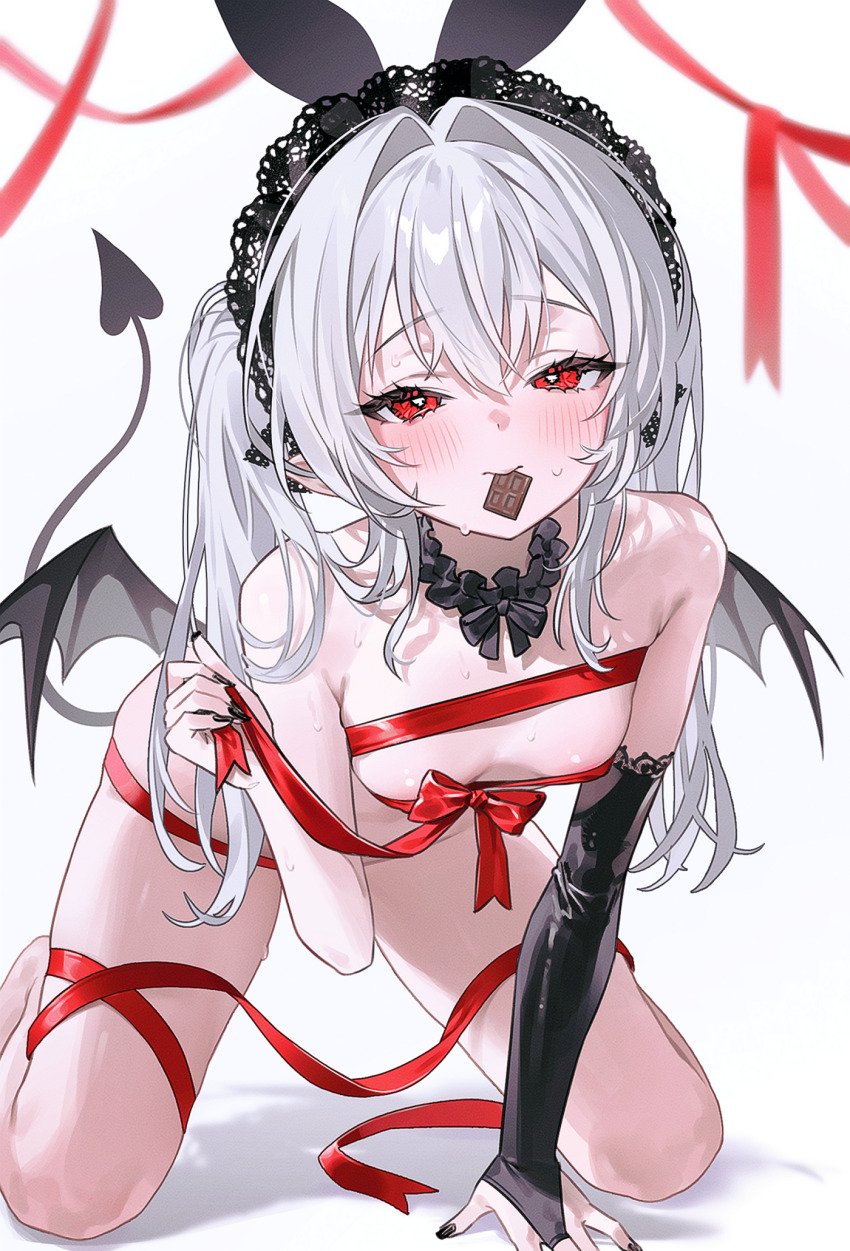 1girl animal_ears black_nails black_wings blush breasts chocolate demon_tail demon_wings fake_animal_ears food_in_mouth fymrie highres long_hair nail_polish naked_ribbon original rabbit_ears red_eyes red_ribbon ribbon simple_background small_breasts solo sweatdrop tail twintails vanya_(fymrie) white_background white_hair wings