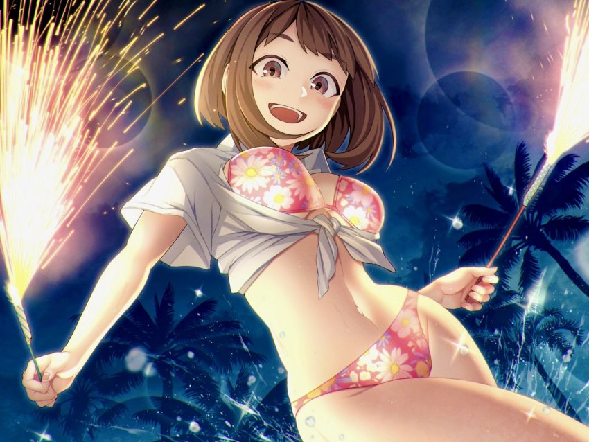 1girl bikini boku_no_hero_academia breasts brown_eyes brown_hair cowboy_shot fireworks floral_print highres kobaji large_breasts lens_flare navel night palm_tree pink_bikini shirt short_hair sidelocks smile solo sparkler swimsuit tied_shirt tree uraraka_ochako white_shirt