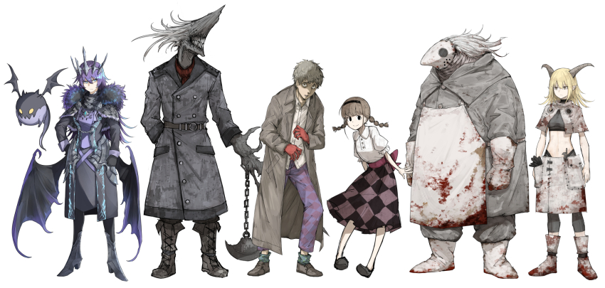 3girls apron arms_at_sides bags_under_eyes belt black_boots black_eyes black_gloves black_hairband black_scarf black_wings blonde_hair blood blood_on_clothes blue_eyes boots braid breasts brown_coat checkered_clothes checkered_skirt closed_mouth coat collared_coat collared_shirt commentary_request creature crop_top demon_wings full_body fur-trimmed_coat fur_trim gloves goat_horns green_socks grey_coat grey_hair grey_shoes hair_between_eyes hairband hand_in_pocket headpiece height_difference highres horns jemiru_(kankan33333) kankan33333 karune_(kankan_33333) korone_(kankan33333) long_sleeves looking_at_another looking_at_viewer low_wings mask medium_breasts medium_hair midriff monster monster_girl multiple_girls navel original pants pink_ribbon plague_doctor_mask pointy_ears puffy_short_sleeves puffy_sleeves purple_hair purple_pants red_gloves red_scarf ribbon scared scarf shaded_face shirt shoes short_hair short_sleeves simple_background skirt small_breasts smile socks standing twin_braids waist_ribbon white_apron white_background white_boots white_gloves white_hair white_shirt wings