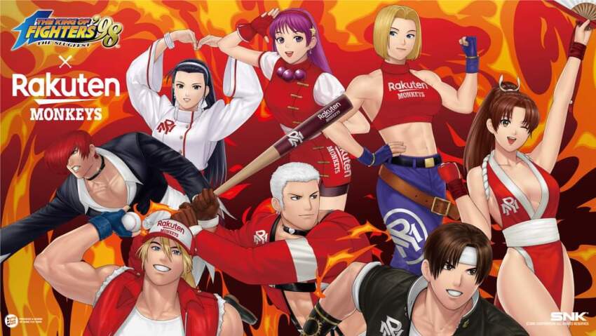 asamiya_athena baseball baseball_bat blue_mary dress fatal_fury fingerless_gloves gloves hand_fan japanese_clothes kagura_chizuru kusanagi_kyou nanakase_yashiro psycho_soldier shiranui_mai snk terry_bogard the_king_of_fighters the_king_of_fighters_&#039;98 yagami_iori