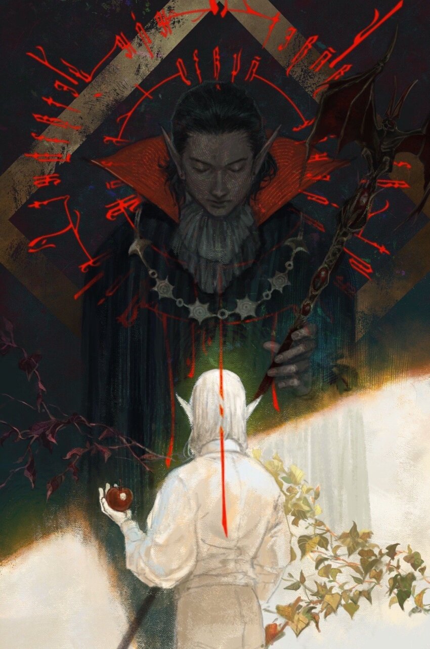 2boys apple ascot baldur&#039;s_gate baldur&#039;s_gate_3 black_cloak black_hair branch brown_pants cazador_szarr cloak closed_eyes collared_cloak commentary cowboy_shot elf english_commentary expressionless facing_away facing_viewer food fruit grey_ascot grnfluorescent halo halo_behind_head high_collar highres holding holding_food holding_fruit holding_staff leaf long_sleeves male_focus medium_hair multiple_boys pants pointy_ears realistic shirt staff standing straight-on vampire vellioth white_hair white_shirt