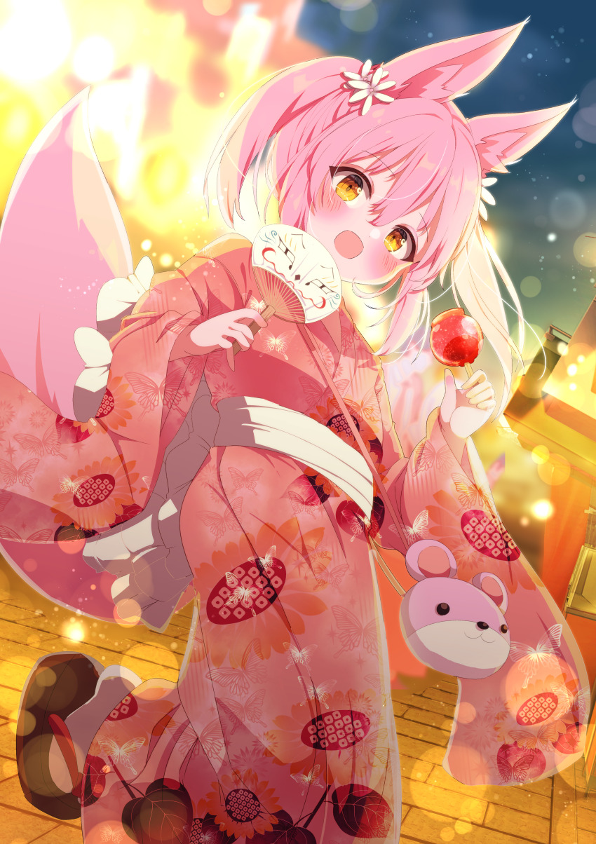 1girl absurdres animal_ears blush candy_apple flat_chest food fox_ears fox_girl fox_mask fox_tail hair_ornament hand_fan highres irotoridori_no_sekai japanese_clothes kimono looking_at_viewer mask open_mouth outdoors pink_hair print_kimono red_kimono ren_(irotoridori_no_sekai) shiro9jira solo tail twintails wide_sleeves yellow_eyes