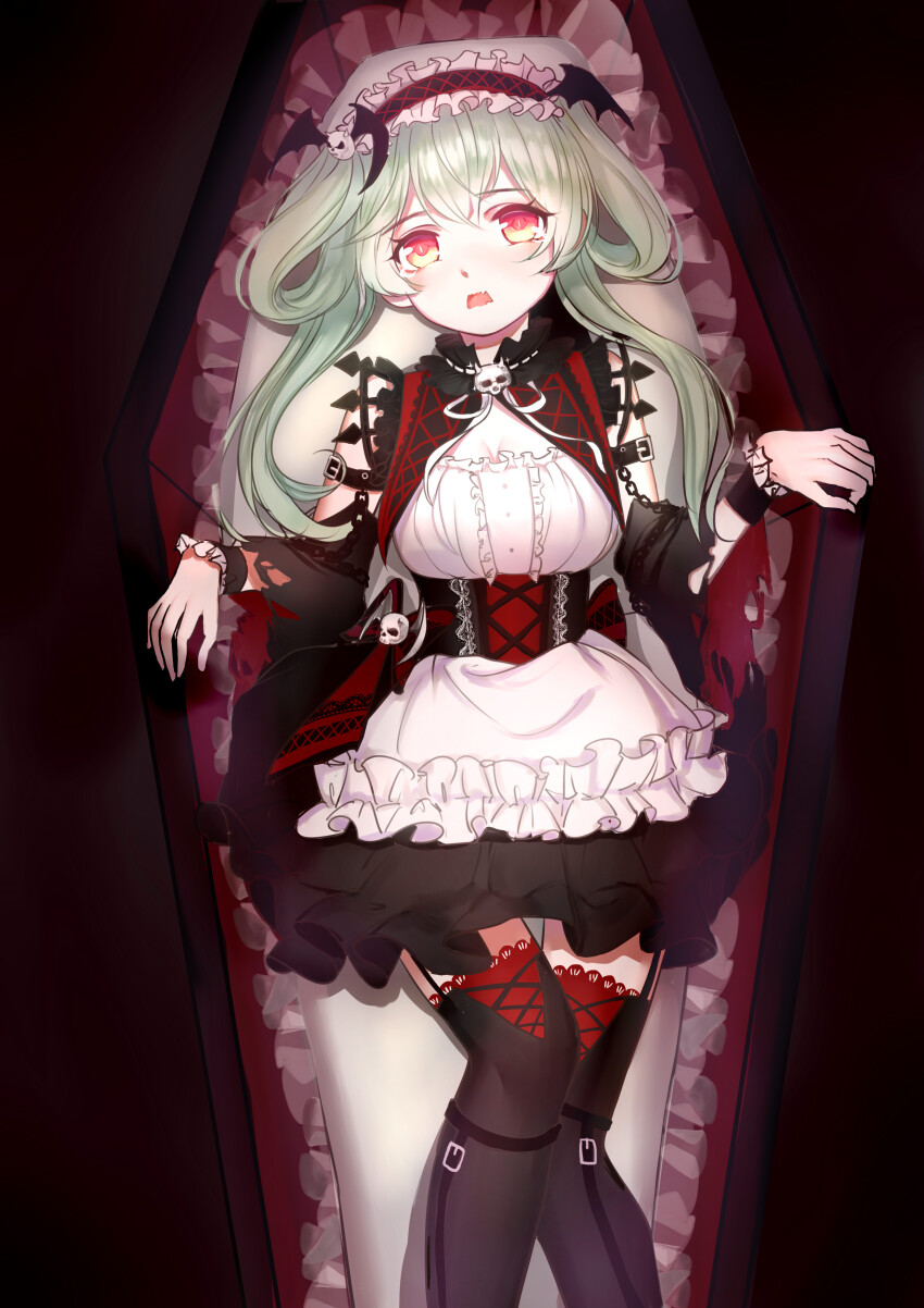 1girl absurdres an876-com apron arm_belt back_bow bare_shoulders bat_hair_ornament belt belt_buckle black_background black_belt black_bow black_capelet black_corset black_hairband black_skirt black_sleeves black_thighhighs black_wrist_cuffs bow breasts bright_pupils bubble_skirt buckle capelet center_frills character_request chinese_commentary cleavage coffin collared_capelet commentary corset cross-laced_clothes cross-laced_corset cross-laced_hairband cross-laced_legwear detached_sleeves dot_nose eyelashes fang feet_out_of_frame frilled_apron frilled_capelet frilled_hairband frilled_skirt frilled_wrist_cuffs frills frown gothic_lolita gradient_eyes green_hair hair_between_eyes hair_ornament hair_rings hairband highres lace lace-trimmed_thighhighs lace_trim leg_belt light_blush lolita_fashion lolita_hairband long_hair long_sleeves looking_at_viewer lying miniskirt miracle_nikki multicolored_eyes multiple_belts neck_ribbon nikki_(series) on_back open_mouth red_bow red_eyes red_sleeves ribbon ribbon-trimmed_capelet ribbon_trim shirt skirt skull_brooch skull_hair_ornament solo strapless strapless_shirt striped_bow thighhighs torn_clothes torn_sleeves two-sided_sleeves two-tone_bow vampire waist_apron white_apron white_pupils white_ribbon wide_sleeves wrist_cuffs yellow_eyes