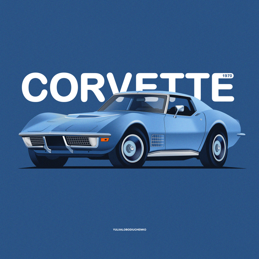 absurdres artist_name blue_background blue_car blue_theme car chevrolet chevrolet_corvette chevrolet_corvette_c3 highres motor_vehicle original sports_car vehicle_focus vehicle_name yuliia_lobodiuchenko