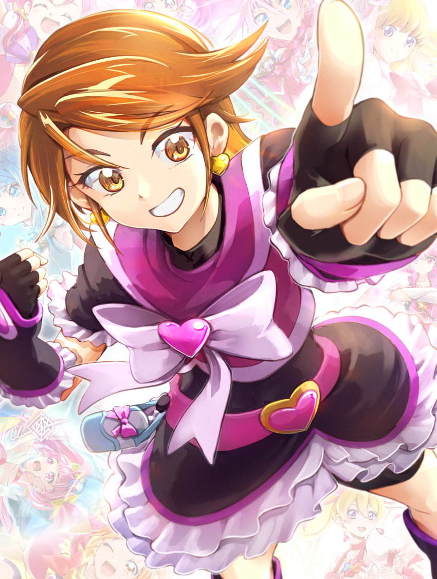1girl aino_megumi asahina_mirai bike_shorts boots brooch brown_eyes brown_hair clear_glass_(mildmild1311) cure_black cure_bloom cure_blossom cure_lovely cure_melody cure_miracle cure_peach cure_sky cure_star cure_wonderful dress fingerless_gloves fresh_precure! futari_wa_precure futari_wa_precure_max_heart futari_wa_precure_splash_star gloves hanasaki_tsubomi happinesscharge_precure! heart heart_brooch heartcatch_precure! highres hirogaru_sky!_precure hoshina_hikaru houjou_hibiki hyuuga_saki inukai_komugi jewelry looking_at_viewer magical_girl mahou_girls_precure! midriff misumi_nagisa momozono_love precure precure_all_stars short_hair shorts skirt smile sora_harewataru star_twinkle_precure suite_precure wonderful_precure! zoom_layer