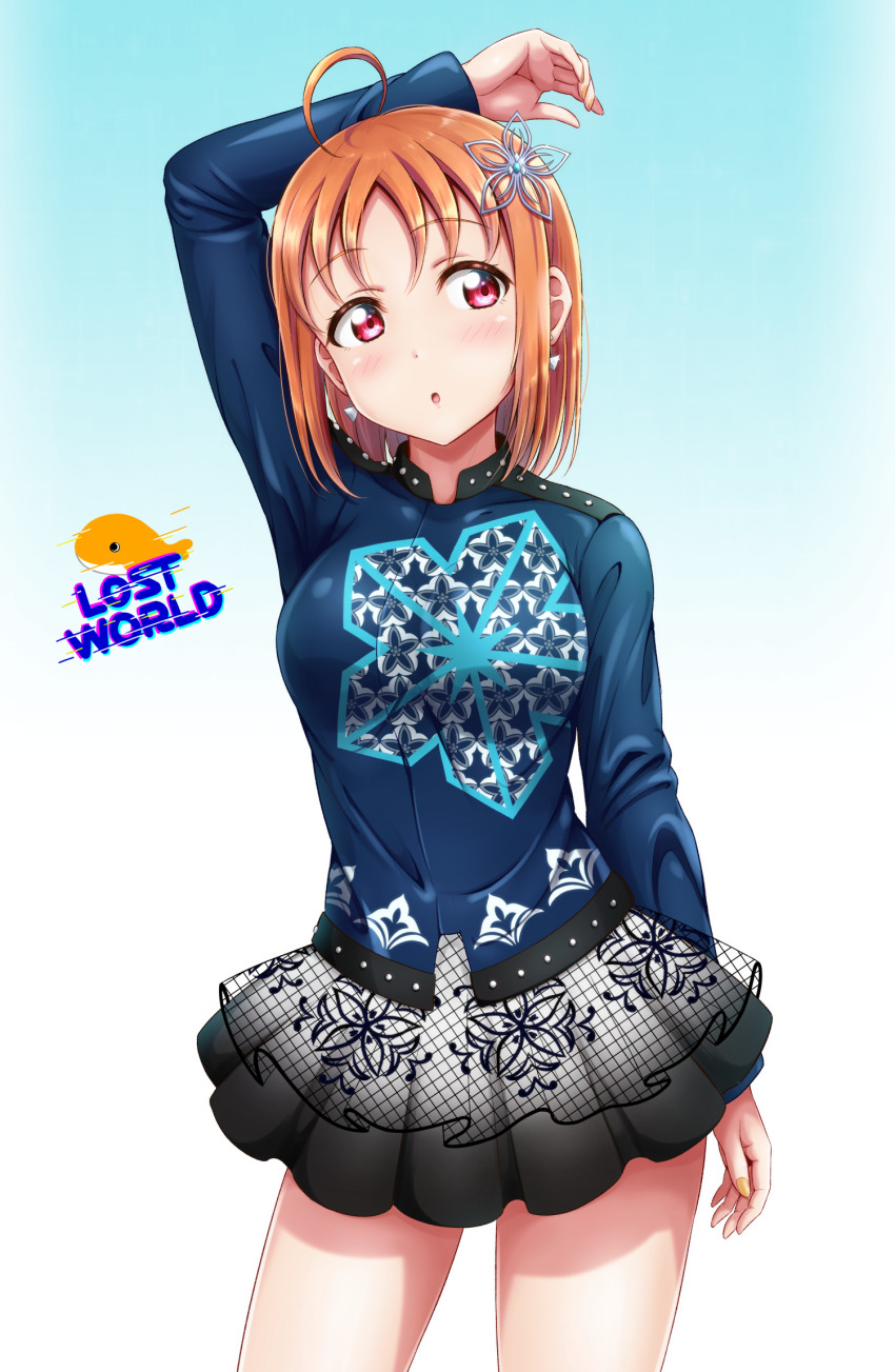 1girl ahoge breasts ckst commentary_request earrings english_text hair_ornament highres jewelry long_sleeves love_live! love_live!_sunshine!! medium_breasts miniskirt orange_hair red_eyes sidelocks skirt solo takami_chika whale