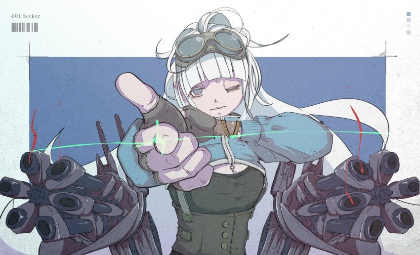 1girl ;| aiming aiming_at_viewer arched_bangs arm_guards aviator_goggles barcode blue_background blue_eyes blue_sweater breasts closed_mouth commission cropped_sweater fingerless_gloves gloves goggles goggles_on_head green_tank_top gun hand_on_own_arm highres long_hair long_sleeves looking_at_viewer multiple-barrel_gun noka_works one_eye_closed original outside_border pointing pointing_at_viewer sidelocks small_breasts solo sweater tank_top underbust upper_body weapon white_hair