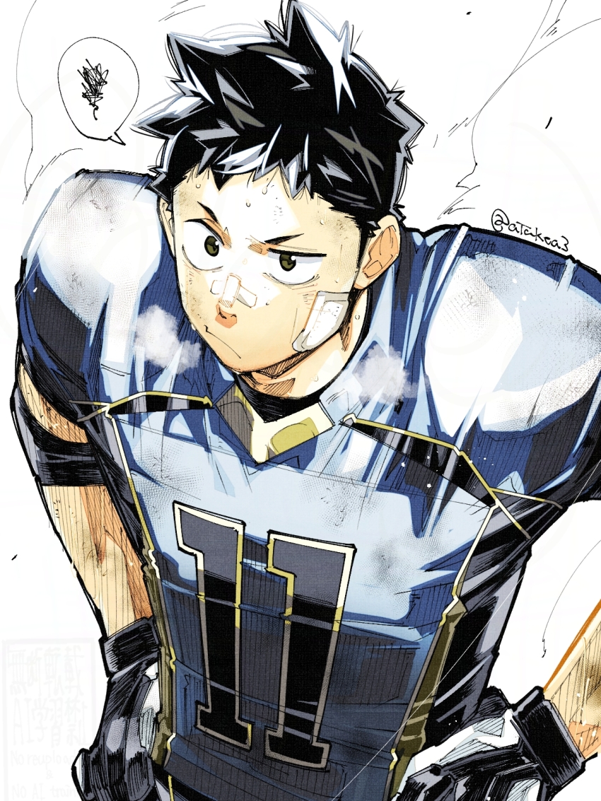 1boy black_eyes black_hair blue_shirt character_request copyright_request cowboy_shot highres male_focus shirt short_hair shoulder_pads simple_background solo takeuchi_(a3) twitter_username white_background