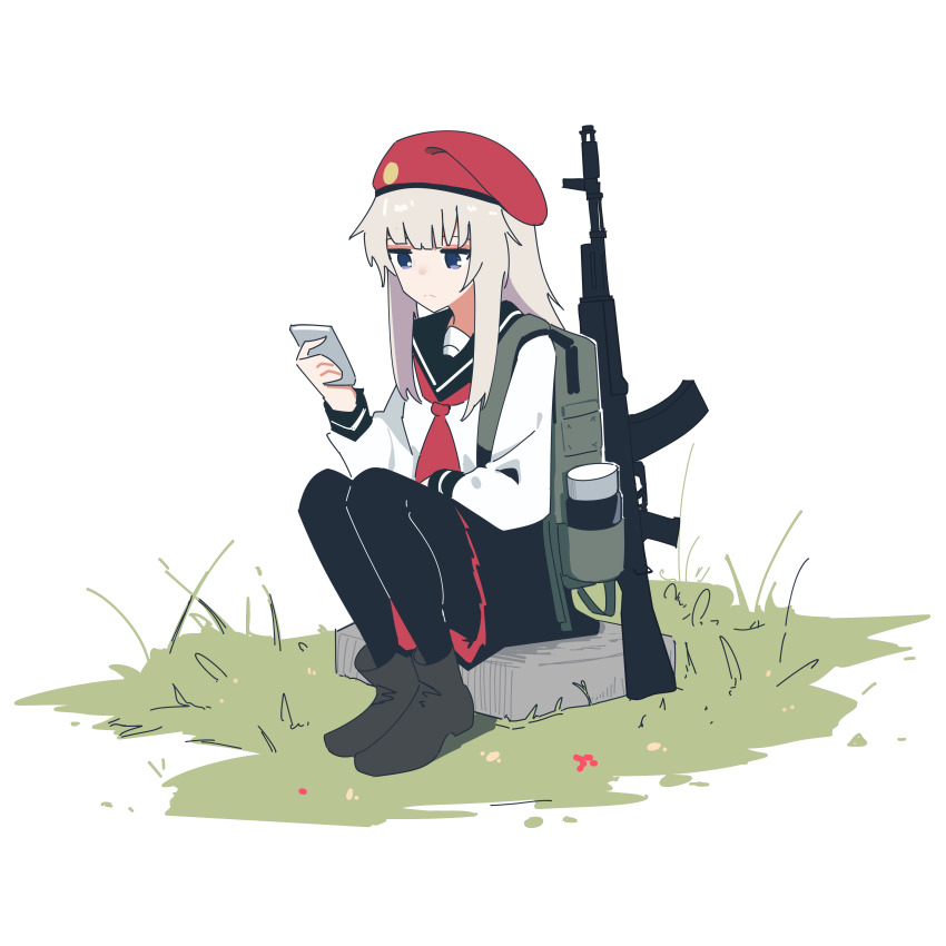 1girl absurdres ak-74m ak74m_(girls&#039;_frontline) alternate_costume assault_rifle backpack bag beret black_boots black_pantyhose black_sailor_collar blonde_hair blue_eyes boots closed_mouth commentary full_body girls&#039;_frontline grass gun hat highres holding holding_phone kalashnikov_rifle long_hair myticalcat neckerchief pantyhose phone red_hat red_neckerchief rifle sailor_collar school_uniform serafuku shirt simple_background sitting solo weapon white_background white_shirt