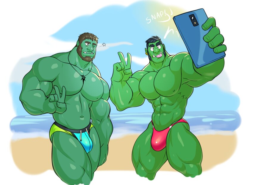 2boys :p abs bara beach beard blue_male_swimwear briefs bulge cheschirebacon couple cropped_legs day facial_hair full_beard highres holding holding_phone large_pectorals long_sideburns male_focus male_swimwear male_underwear mature_male multicolored_male_swimwear multiple_boys muscular muscular_male nipples ocean original outdoors pectorals phone red_male_swimwear sand selfie short_hair sideburns sideburns_stubble stomach stubble thick_eyebrows thick_thighs thighs tongue tongue_out topless_male underwear v v-taper yaoi