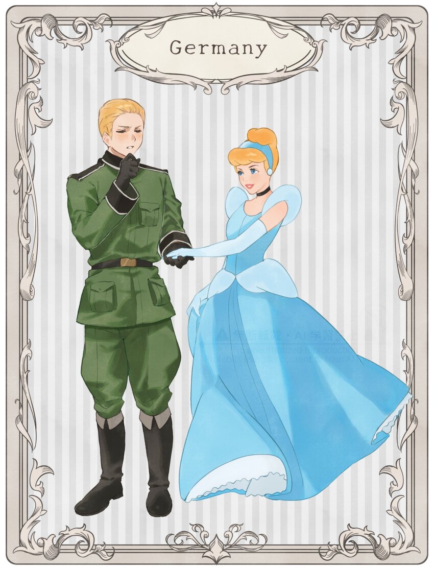 1boy 1girl axis_powers_hetalia baggy_pants belt black_belt black_boots black_choker black_gloves blonde_hair blue_dress blue_eyes blue_gloves blue_hairband blush boots breast_pocket choker cinderella cinderella_(disney) closed_eyes collared_jacket commentary_request country_connection crossover dress elbow_gloves full_body germany_(hetalia) gloves green_jacket green_pants hairband hand_on_own_chin hand_up highres holding_hands jacket lips long_dress long_sleeves looking_at_another military_jacket military_uniform pants pocket princess short_hair sleeveless sleeveless_dress smile soji_777 standing striped_background teeth v-shaped_eyebrows white_background