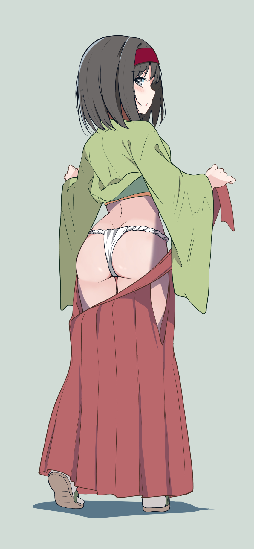 1girl :o absurdres ass black_hair blush borgbutler clothes_pull commentary_request erika_(pokemon) from_behind full_body fundoshi green_kimono grey_eyes hairband hakama hakama_skirt highres japanese_clothes kimono looking_back nintendo parted_lips pokemon pokemon_frlg red_hairband red_hakama revision sandals short_hair simple_background skirt skirt_pull solo standing wide_sleeves
