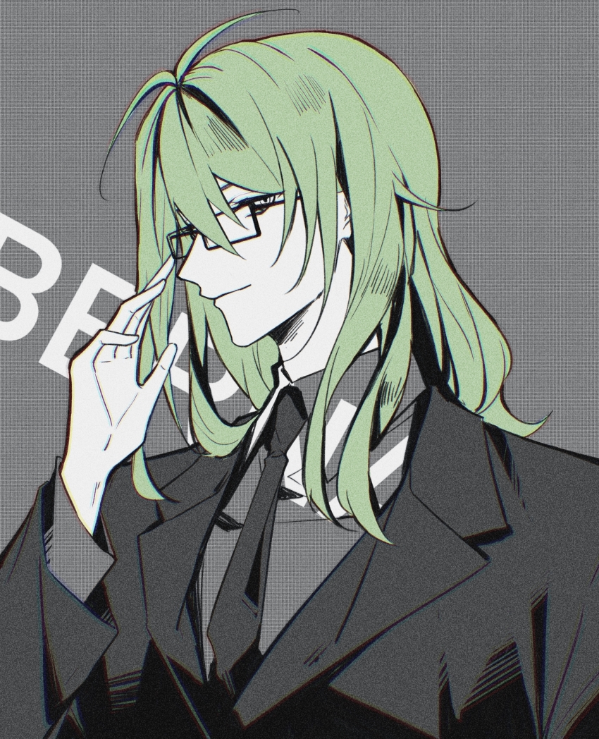 1boy absurdres adjusting_clothes adjusting_headwear antenna_hair bernardo_ortolani character_name closed_mouth collared_shirt glasses green_hair grey_background greyscale hair_between_eyes highres jacket lapels long_hair long_sleeves looking_at_viewer lucky_dog_1 male_focus mohexi459 monochrome necktie notched_lapels profile rectangular_eyewear shirt sideways_glance simple_background smile solo spot_color suit_jacket upper_body