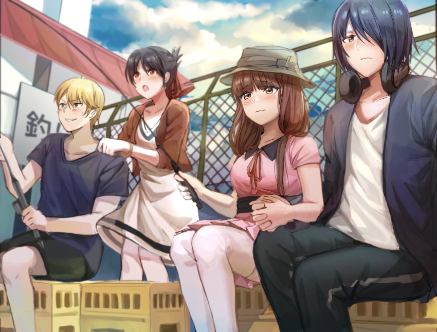 2boys 2girls :o absurdres black_hair black_jacket black_shirt blush box bracelet brown_eyes brown_hair brown_jacket cloud day dress dule_(anhaidule) fence fishing_rod hair_over_one_eye hat headphones highres holding_hands iino_miko ishigami_yuu jacket jewelry kaguya-sama_wa_kokurasetai_~tensai-tachi_no_renai_zunousen~ multiple_boys multiple_girls outdoors pants parted_bangs pink_shirt red_eyes red_ribbon ribbon shinomiya_kaguya shirogane_miyuki shirt short_sleeves shorts sitting t-shirt track_pants white_dress
