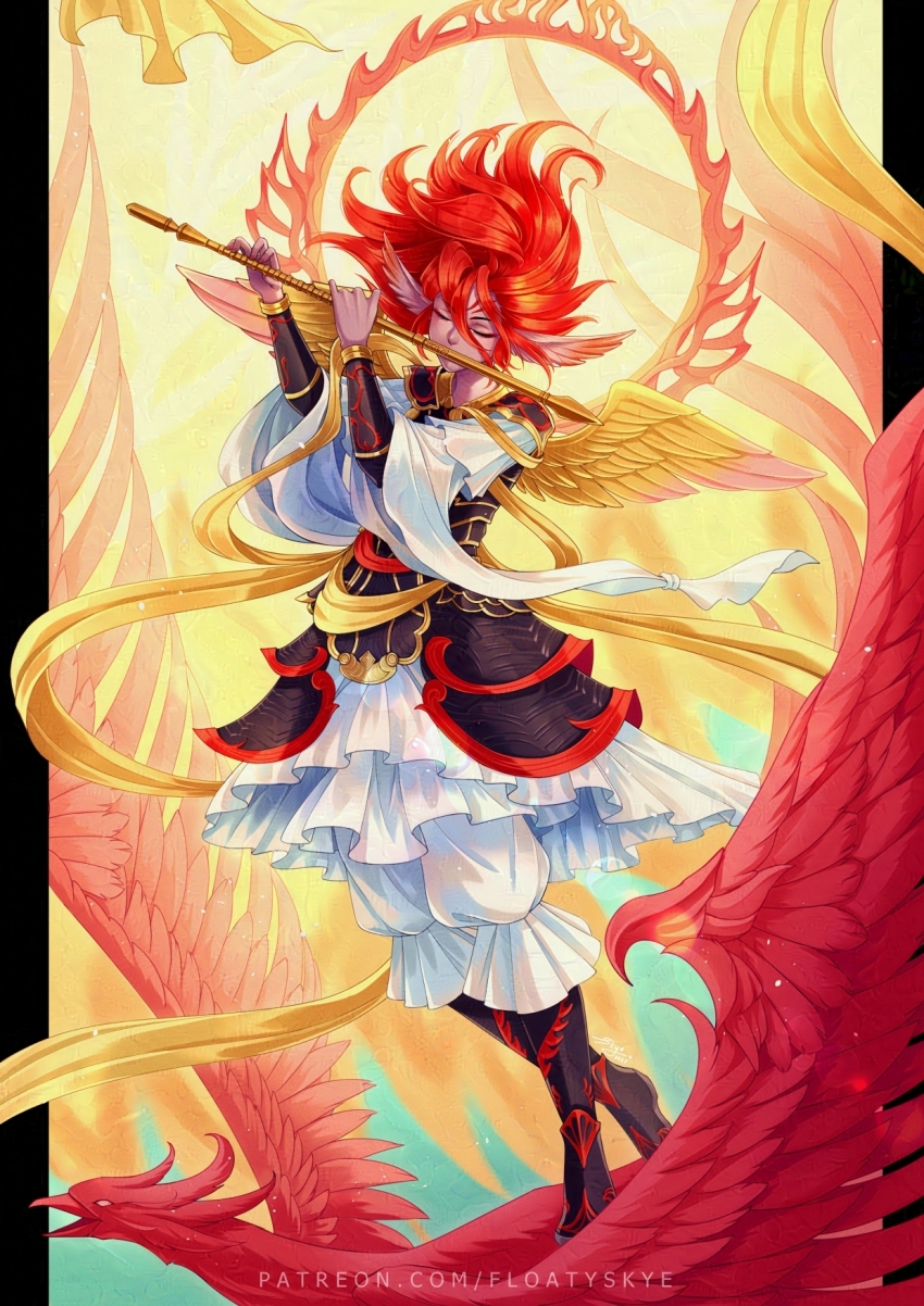1girl armor bird black_boots boots closed_eyes dress facial_mark facing_viewer final_fantasy final_fantasy_xiv floatyskye flute forehead_mark halo halo_behind_head highres holding holding_instrument instrument japanese_armor kusazuri medium_hair music outside_border phoenix pillarboxed playing_instrument pointy_ears red_hair sash solo suzaku_(ff14) watermark white_dress yellow_background yellow_sash