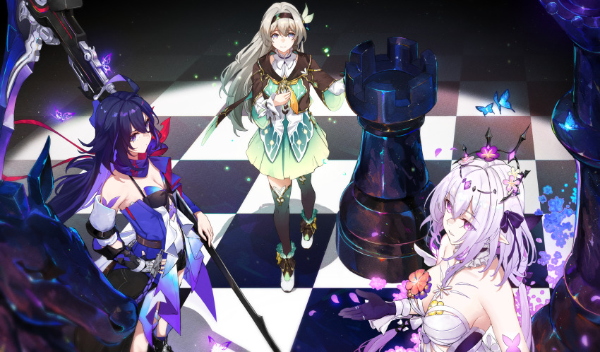 3girls absurdres ahoge ailushin aqua_skirt bandana_around_arm bare_shoulders black_hair black_hairband black_jacket black_tiara blue_butterfly blue_pupils boots breasts bright_pupils bug butterfly castorice_(honkai:_star_rail) chess_piece chessboard cleavage colored_inner_hair commentary cropped_jacket dress english_commentary falling_petals firefly_(honkai:_star_rail) flower from_above gradient_hair green_hair green_thighhighs grey_hair hair_between_eyes hair_flower hair_ornament hair_ribbon hairband hand_on_own_chest hand_on_own_hip highres holding holding_scythe honkai:_star_rail honkai_(series) insect jacket knight_(chess) large_breasts light_particles long_hair looking_at_viewer low_twintails medium_breasts multicolored_hair multiple_girls neckerchief orange_neckerchief parted_lips petals pointy_ears purple_butterfly purple_eyes purple_hair purple_scarf queen_(chess) ribbon rook_(chess) scarf scythe seele_(honkai:_star_rail) shirt skirt spotlight thighhighs tiara tile_floor tiles twintails very_long_hair white_dress white_pupils white_shirt