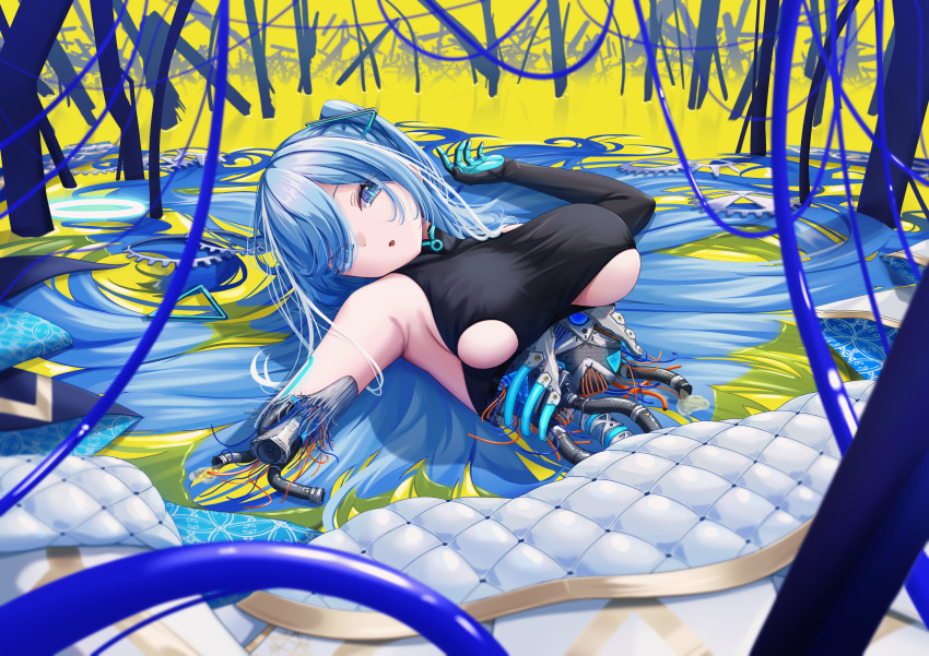 1girl absurdres amputee android blue_eyes blue_hair breasts cable damaged highres large_breasts long_hair looking_at_viewer lying mechabare on_back solo toono_oto torzzei tube underboob varium very_long_hair virtual_youtuber yellow_background