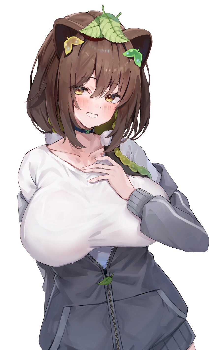 1girl absurdres animal_ears blue_jacket blush breasts brown_hair choker collarbone commentary_request commission hair_ornament hand_on_own_chest highres honda_poko indie_virtual_youtuber jacket kuroshiro_kanae large_breasts leaf leaf_hair_ornament leaf_on_head long_hair looking_at_viewer raccoon_ears raccoon_girl shirt simple_background skeb_commission solo sweat teeth track_jacket virtual_youtuber white_background white_shirt yellow_eyes