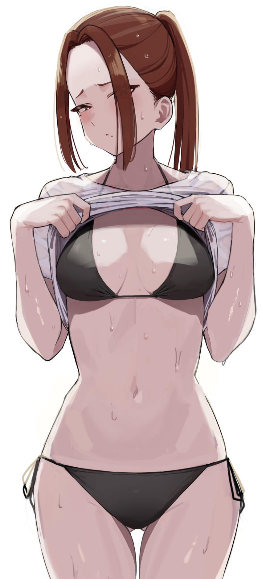 1girl absurdres ayatak0517 bikini black_bikini breasts brown_eyes brown_hair clothes_lift gluteal_fold highres komi-san_wa_komyushou_desu medium_breasts mole mole_under_eye navel onemine_nene ponytail see-through_clothes see-through_shirt shirt shirt_lift side-tie_bikini_bottom sidelocks simple_background solo swimsuit wet wet_clothes white_background