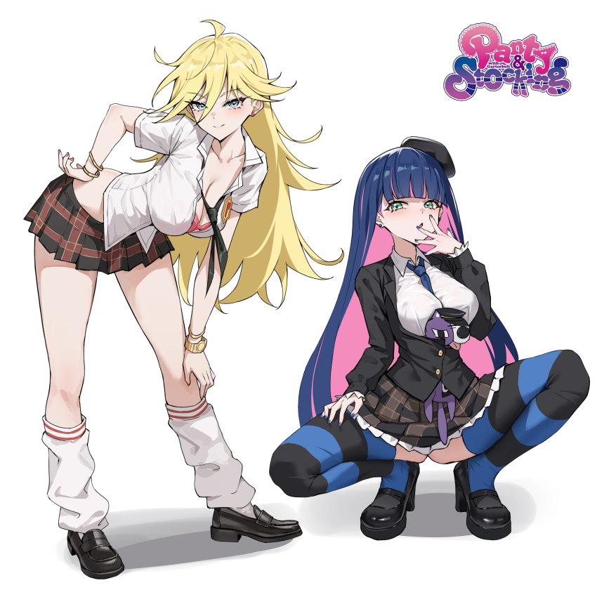&gt;:) 2girls :o absurdres beret between_breasts black_hat black_jacket black_necktie black_shoes black_skirt blonde_hair blue_eyes blue_hair blue_nails blue_necktie blunt_bangs blush bra bracelet breasts buttons cleavage closed_mouth collared_shirt colored_inner_hair commentary copyright_name earrings eyelashes frilled_skirt frills full_body green_eyes hair_between_eyes hand_on_own_hip hand_up hat highres jacket jewelry kneehighs kt579 large_breasts leaning_forward loafers long_hair looking_at_viewer loose_socks miniskirt multicolored_hair multiple_bracelets multiple_girls nail_polish necktie necktie_between_breasts open_mouth outstretched_hand panty_&amp;_stocking_with_garterbelt panty_(psg) pink_bra pink_hair pink_nails plaid_clothes plaid_skirt pleated_skirt school_uniform shirt shoes short_sleeves siblings sisters skirt smile socks spiked_hair squatting standing stocking_(psg) straight_hair striped_clothes striped_thighhighs stud_earrings thighhighs tsurime underwear v-shaped_eyebrows very_long_hair watch white_shirt white_socks wristwatch