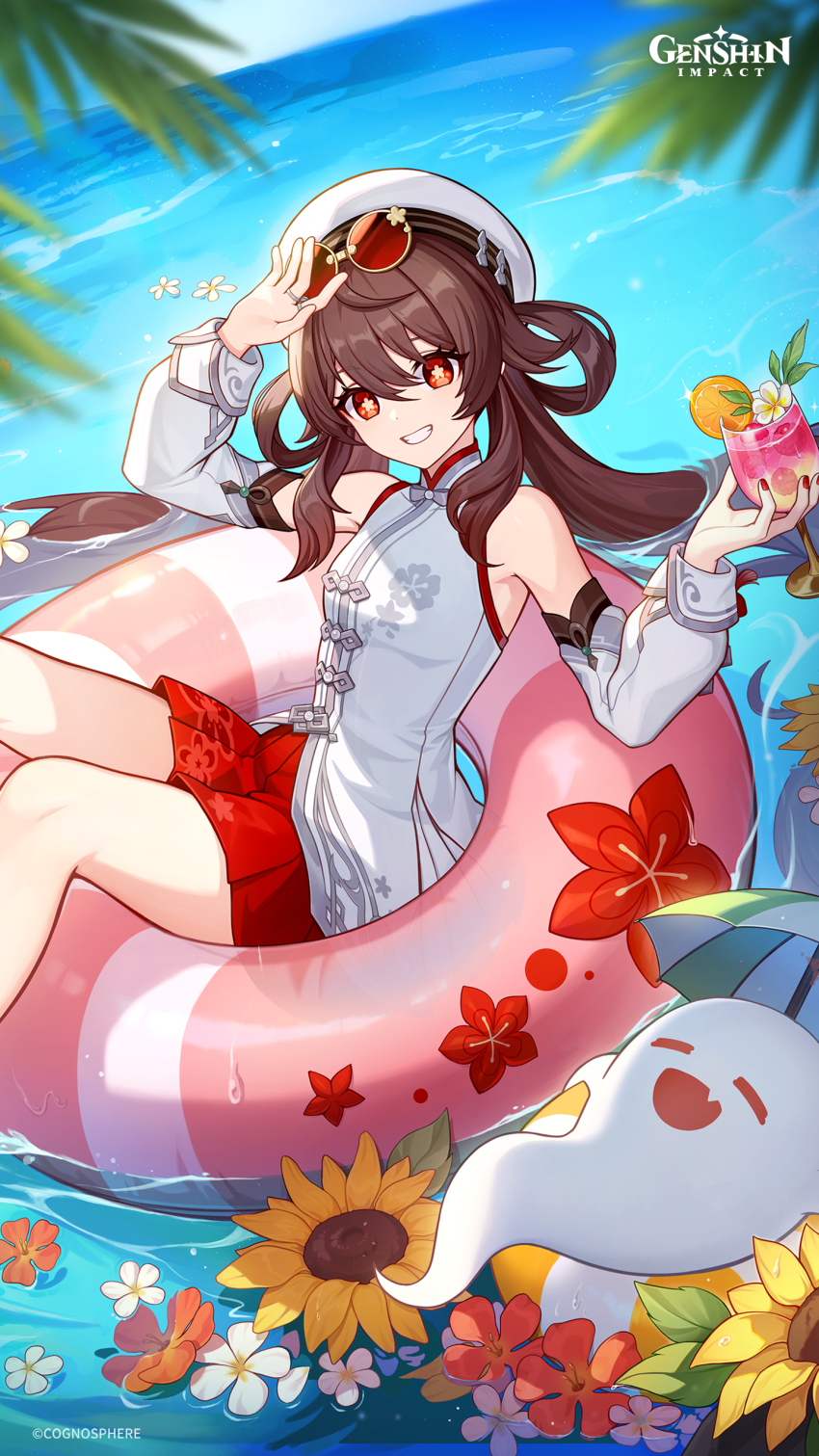 1girl absurdres boo_tao_(genshin_impact) brown_hair clenched_teeth commentary cup detached_sleeves english_commentary flower-shaped_pupils genshin_impact ghost glass grin hat highres holding holding_cup hu_tao_(cherries_snow-laden)_(genshin_impact) hu_tao_(genshin_impact) long_hair long_sleeves looking_at_viewer official_art outdoors red_eyes red_skirt round_eyewear shirt skirt smile solo sunglasses swim_ring symbol-shaped_pupils teeth very_long_hair water white_hat white_shirt