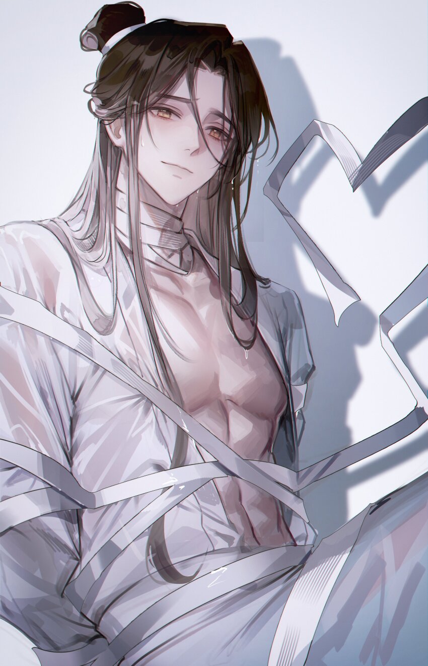1boy abs absurdres arms_behind_back bandaged_neck bandages bare_pectorals bdsm bishounen bondage bound bound_arms brown_eyes brown_hair chinese_clothes closed_mouth hair_bun hanfu highres light_smile long_hair long_sleeves looking_at_viewer male_focus navel open_clothes open_robe parted_bangs pectorals ribbon robe see-through_clothes shadow simple_background single_hair_bun sitting smile solo tianguan_cifu toned toned_male wet wet_clothes wet_hair white_background white_hanfu white_ribbon white_robe xie_lian young57440489