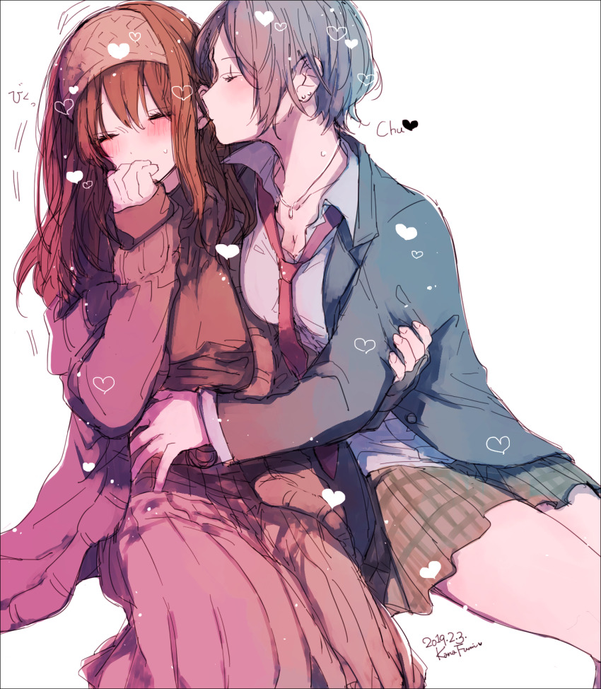 2girls amane_(7783) black_jacket blue_hair blush brown_hair brown_skirt brown_sweater character_request closed_eyes collared_shirt commentary_request hairband hand_on_another&#039;s_arm hand_on_another&#039;s_waist heart highres idolmaster idolmaster_cinderella_girls jacket kissing_ear long_hair long_sleeves multiple_girls necktie pink_hairband plaid_clothes plaid_skirt pleated_skirt red_necktie school_uniform shirt short_hair simple_background skirt sweater white_background white_shirt yuri