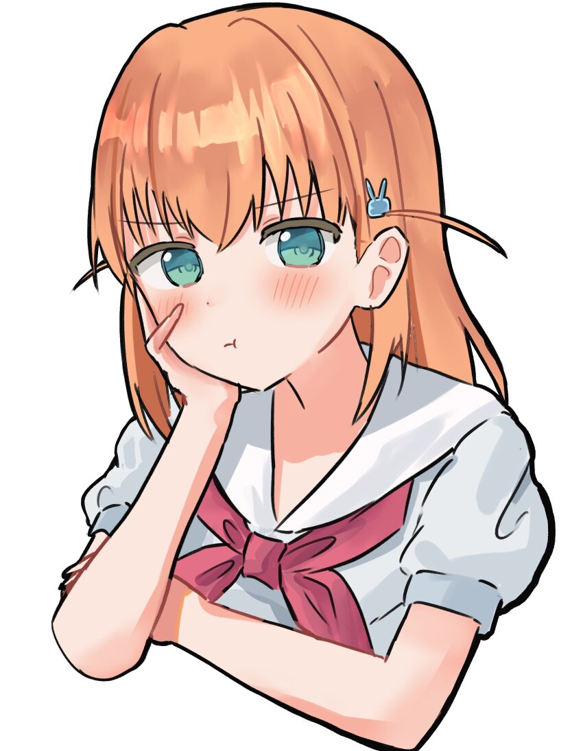 1girl :t absurdres arm_support cropped_torso dress hair_ornament hand_on_own_cheek hand_on_own_face hasu_no_sora_school_uniform highres hinoshita_kaho hisho_(rythm_hisho) link!_like!_love_live! looking_at_viewer love_live! medium_hair neckerchief orange_hair pout rabbit_hair_ornament red_neckerchief sailor_collar sailor_dress school_uniform simple_background solo summer_uniform two_side_up virtual_youtuber white_background white_dress white_sailor_collar