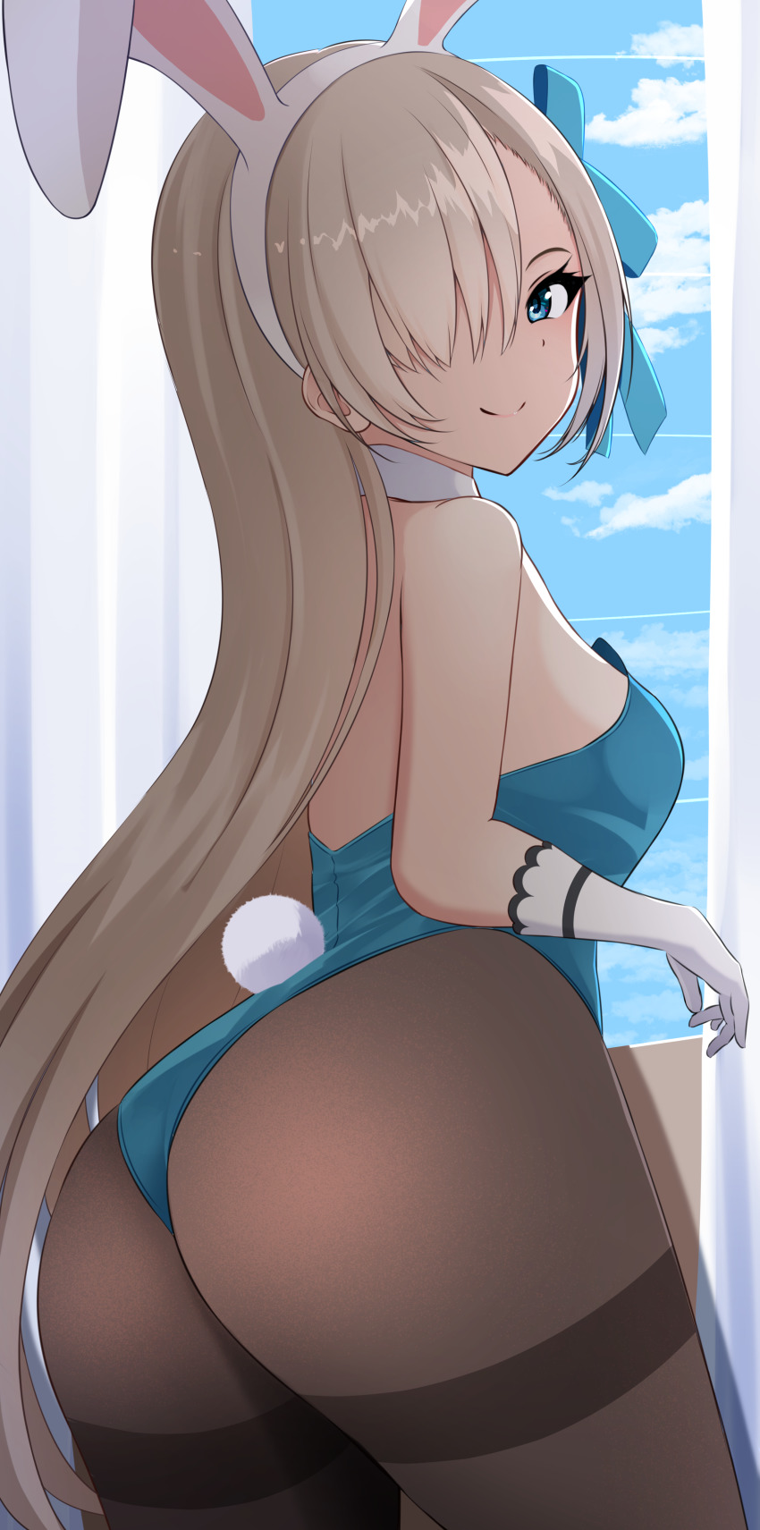 1girl absurdres animal_ears ass asuna_(blue_archive) blonde_hair blue_archive blue_eyes fake_animal_ears fake_tail gloves hair_over_one_eye hairband highres huge_ass leotard long_hair looking_at_viewer looking_back nokonoko playboy_bunny rabbit_ears rabbit_tail solo tail thick_thighs thighs white_gloves