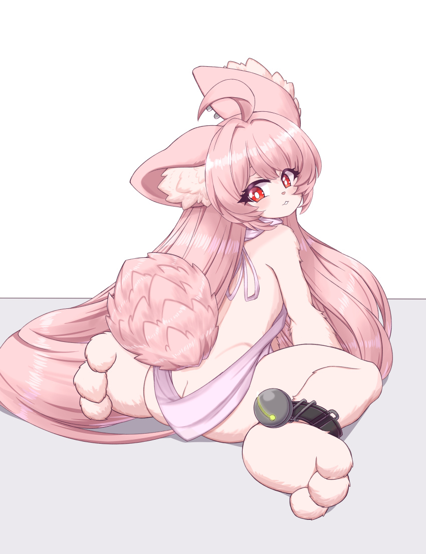 1girl :3 absurdres ahoge animal_ear_fluff animal_ears body_fur breasts closed_mouth highres long_hair looking_at_viewer pink_fur pink_hair pink_sweater rabbit_ears rabbit_girl rabbit_tail red_eyes small_breasts smile solo sweater tail takkikun very_long_hair virgin_killer_sweater zenless_zone_zero zhao_(zenless_zone_zero)