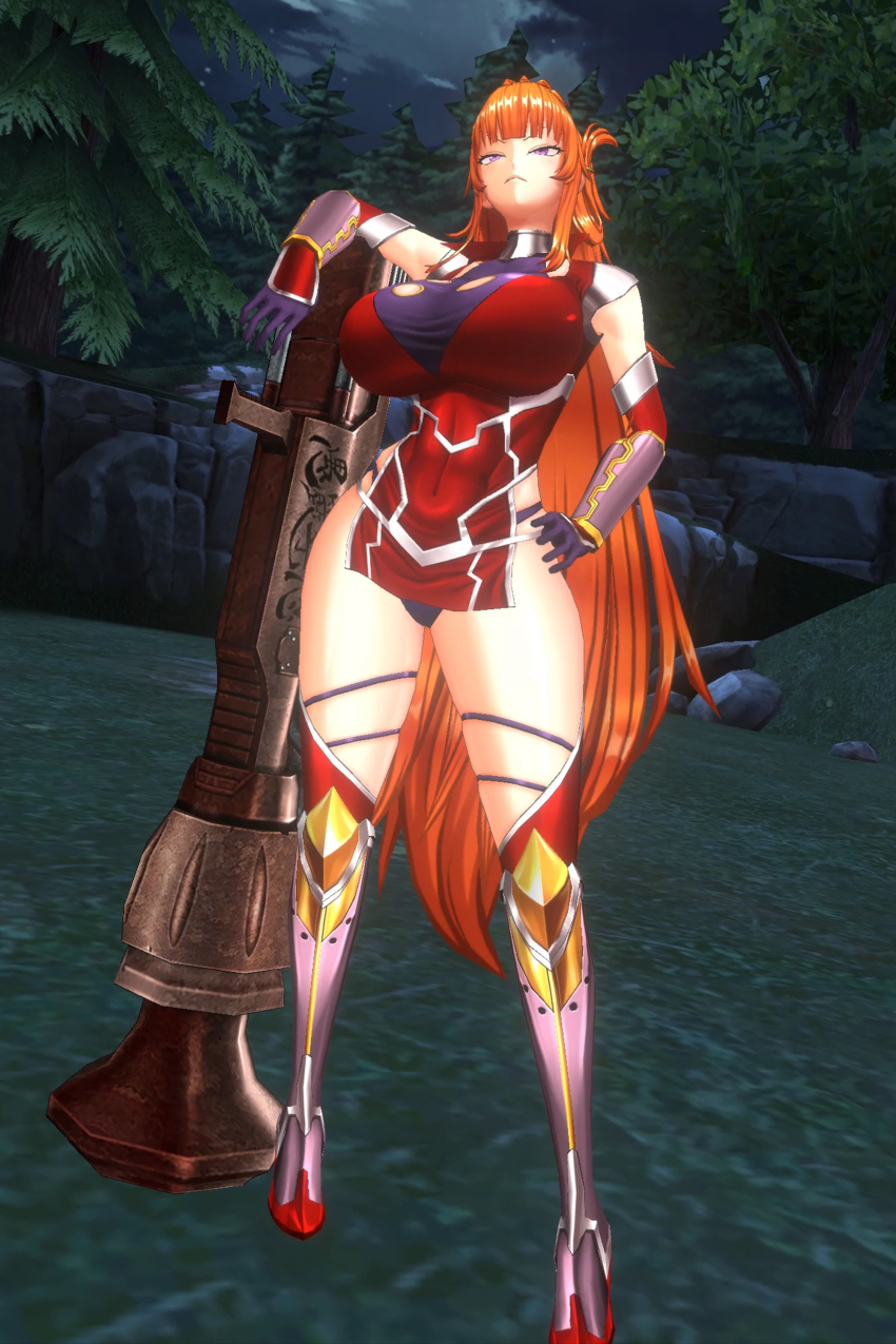 1girl absurdres action_taimanin ass bazooka boots breasts cigarette curvy dress female_focus forest full_body grass hand_on_own_hip highleg highleg_panties highres holding holding_weapon huge_breasts huge_weapon kamimura_maika long_hair nature night night_sky panties pelvic_curtain purple_eyes red_dress revealing_clothes screencap simple_background skindentation sky solo standing string_panties taimanin_(series) third-party_edit thong underwear very_long_hair weapon wide_hips