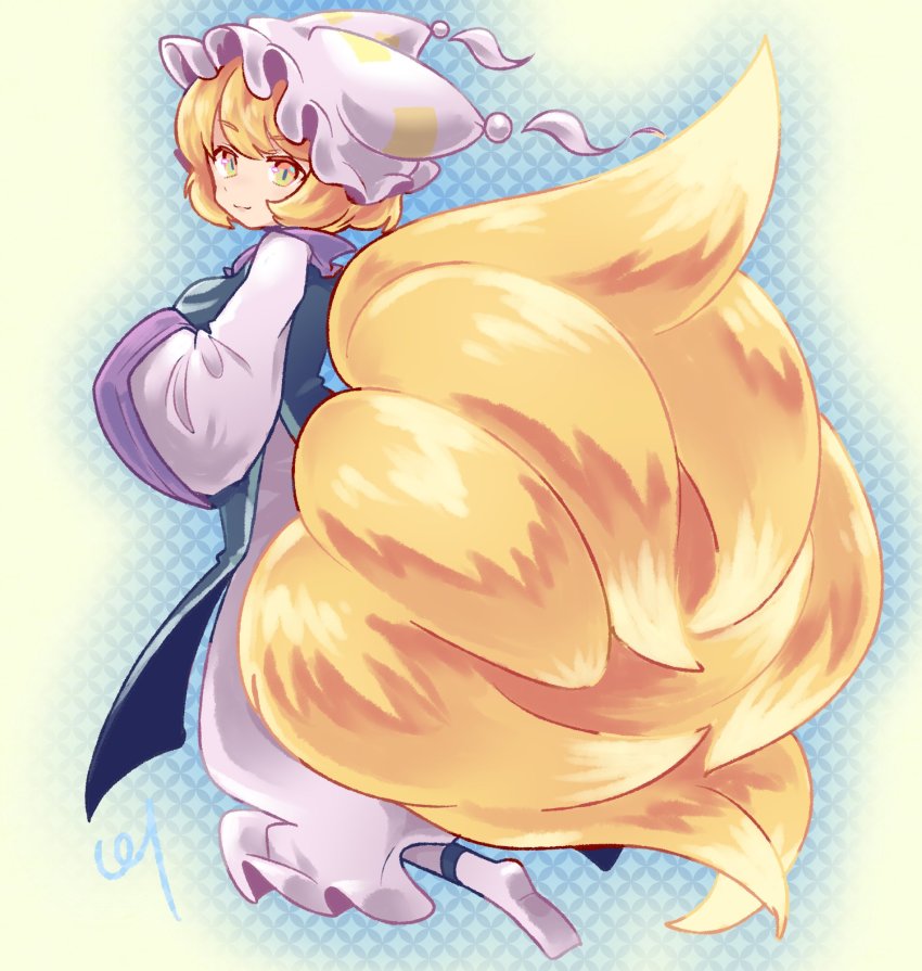1girl animal_hat ankle_socks blonde_hair blue_tabard breasts commentary dress fluffy fox_tail frilled_dress frilled_hat frills from_behind from_side full_body hands_up hat highres kitsune large_breasts large_tail long_sleeves looking_at_viewer looking_back mob_cap multiple_tails pmx robe short_hair sidelocks signature smile socks solo tabard tail tassel touhou white_dress white_hat white_robe white_socks yakumo_ran yellow_eyes