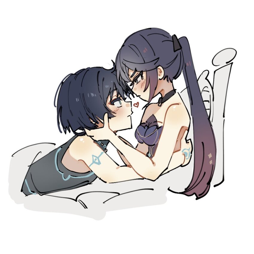 1boy 1girl ahoge arms_around_waist bare_shoulders black_bodysuit black_bow black_choker black_hair blunt_ends blush bodystocking bodysuit bow brown_hair choker closed_mouth couple cropped_torso diamond_print eyeliner eyeshadow face-to-face from_side genshin_impact glowing_markings gradient_hair grey_eyes hair_bow hand_on_another&#039;s_back hand_on_another&#039;s_face heart hetero high_ponytail leotard long_hair looking_at_another lowered_eyelids lying makeup multicolored_hair on_bed on_stomach parted_bangs partially_colored pillow ponytail purple_leotard red_eyeliner red_eyeshadow scaramouche_(genshin_impact) single_sidelock sleeveless sleeveless_bodysuit leotard strapless strapless_leotard under_covers v-shaped_eyebrows wanderer_(genshin_impact) white_background ysnden