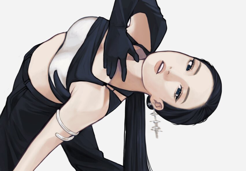 1girl aespa armlet black_gloves black_hair black_pants blue_eyes breasts cleavage commentary earrings elbow_gloves gloves highres jewelry k-pop large_breasts looking_at_viewer makeup mascara ningning_(aespa) pants parted_lips peachiri1 pink_lips ponytail real_life simple_background single_elbow_glove solo upside-down white_background