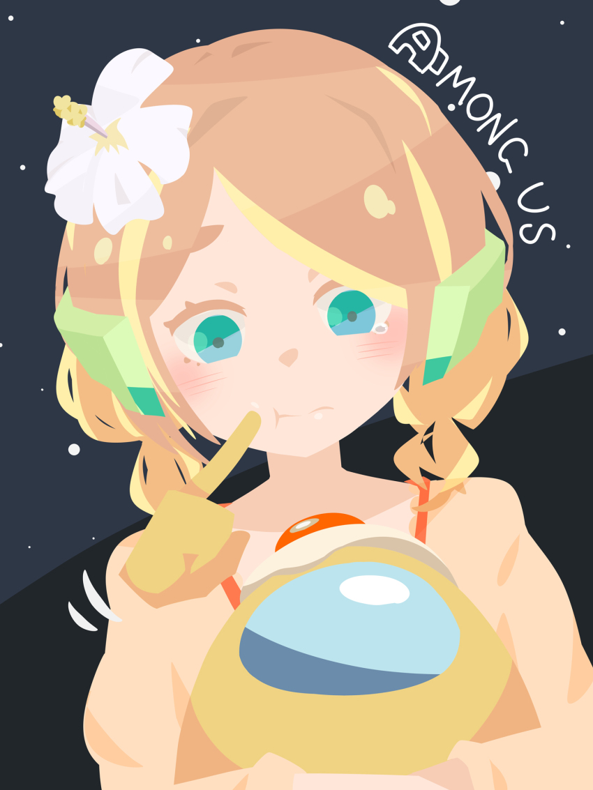1girl 1other :t among_us blonde_hair blue_eyes blush brown_hair closed_mouth commentary_request crewmate_(among_us) flower fried_egg gloves grey_background hair_flower hair_ornament hara_id_21 hibiscus highres looking_down multicolored_hair no_lineart short_hair station_memories streaked_hair swept_bangs tera_ichiho white_flower yellow_(among_us) yellow_gloves