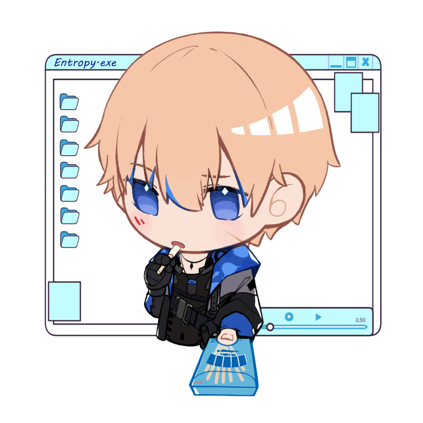 1boy blush chibi dochikun food highres image_sample lee:_entropy_(pgr) lee_(pgr) pixiv_sample pocky punishing:_gray_raven solo solo_focus