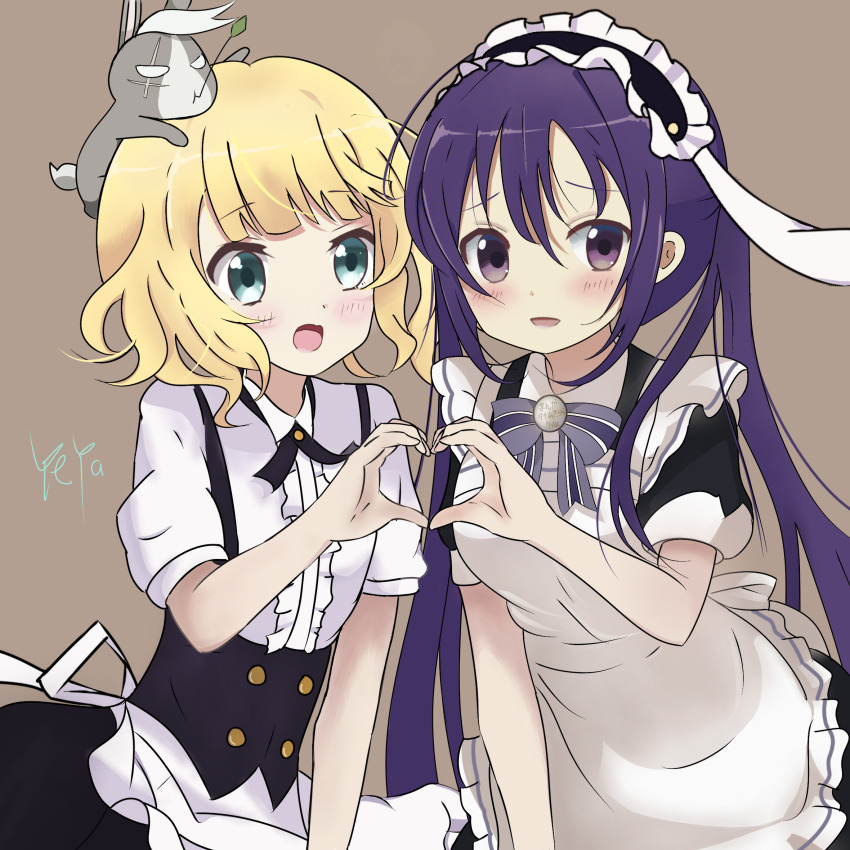 2girls :d animal animal_on_head apron black_shirt black_skirt blonde_hair blush bow dress_shirt fleur_de_lapin_uniform gochuumon_wa_usagi_desu_ka? green_eyes heart heart_hands heart_hands_duo highres kafuu_chino long_hair low_twintails maid_headdress medium_hair multiple_girls on_head open_mouth purple_bow purple_hair rabbit rabbit_on_head shirt short_sleeves sketch skirt smile tedeza_rize twintails underbust very_long_hair waist_apron white_apron white_shirt wild_geese yoru_garasu