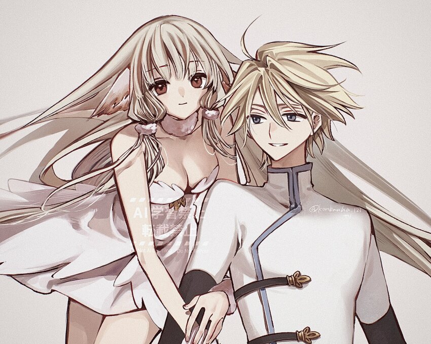 1boy 1girl blonde_hair breasts brown_background brown_eyes chii chobits cleavage dress fai_d._flowright grey_eyes highres jacket konbanha_123 long_hair long_sleeves looking_at_viewer short_hair simple_background smile teeth tsubasa_chronicle twitter_username white_dress white_jacket