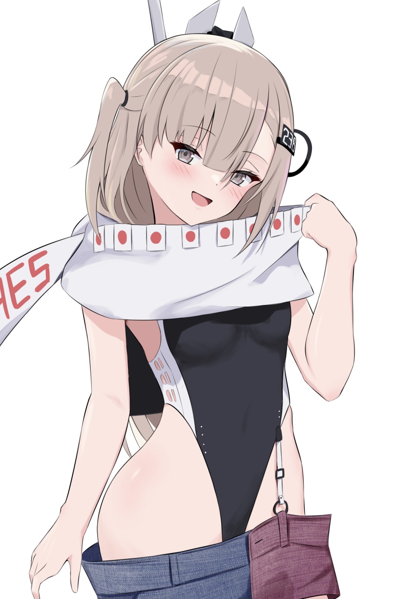 1girl absurdres american_flag american_flag_print american_flag_skirt competition_swimsuit cowboy_shot denim denim_skirt flag_print garter_straps grey_eyes grey_hair headgear highleg highleg_one-piece_swimsuit highres kantai_collection kill_markings l_meet long_hair one-piece_swimsuit one_side_up print_skirt scarf simple_background single_garter_strap skirt solo super_highleg swimsuit two-tone_one-piece_swimsuit wahoo_(kancolle) white_background white_scarf