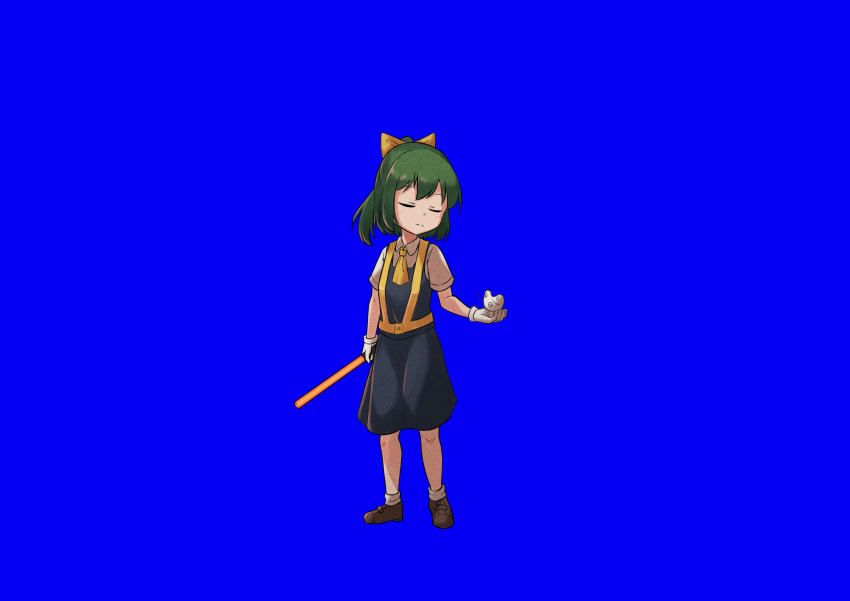 1girl absurdres ascot blue_background blue_skirt blue_vest bow brown_footwear closed_eyes closed_mouth commentary_request cookie_(touhou) daiyousei diyusi_(cookie) full_body green_hair hair_bow hide_(acceed) high-visibility_clothing high-visibility_vest highres holding manatsu_no_yo_no_inmu medium_hair ponytail shirt shoes short_sleeves simple_background skirt socks standing touhou traffic_baton tsugumi_amon vest white_shirt white_socks yellow_ascot yellow_bow