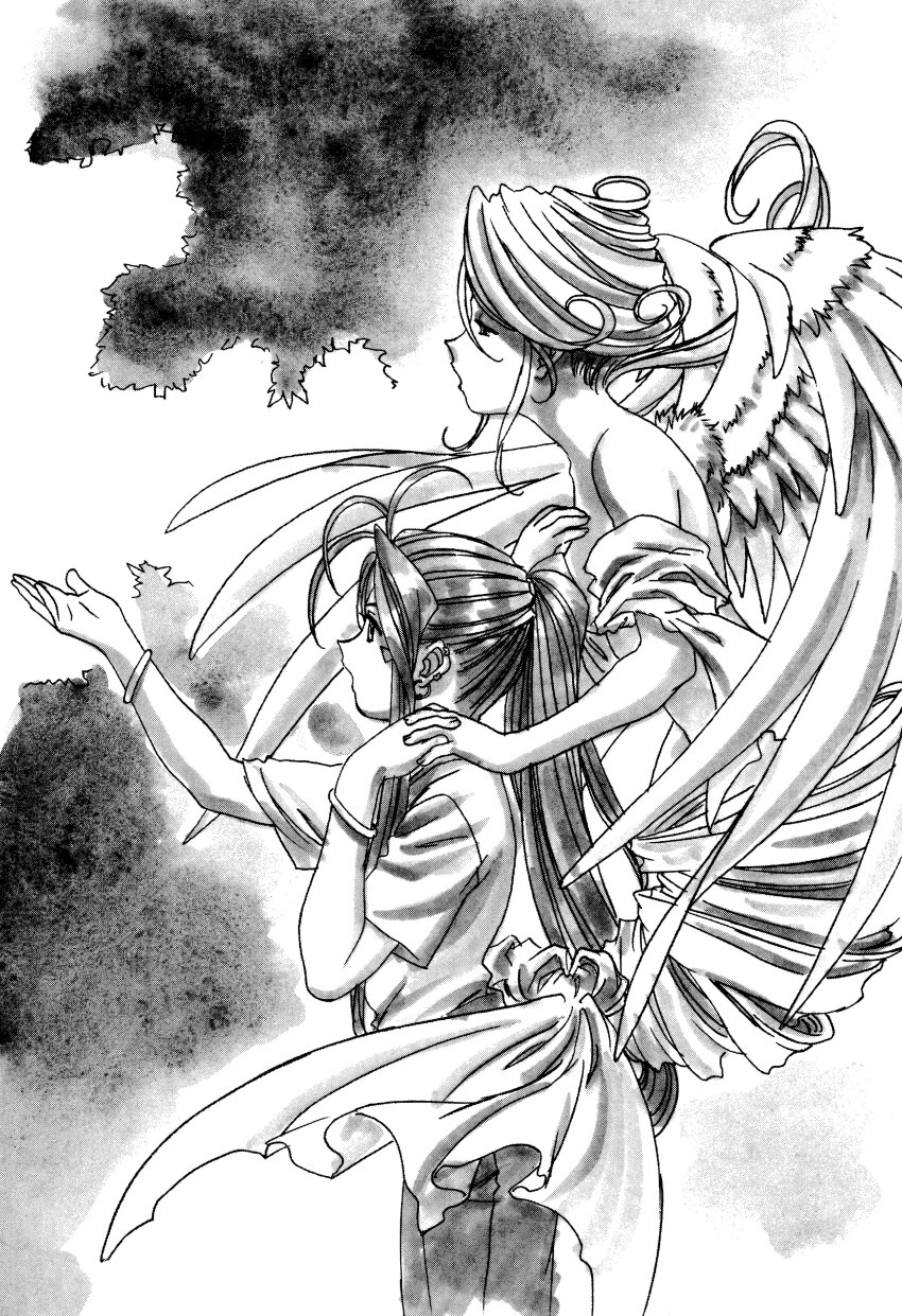2girls aa_megami-sama absurdres angel angel_wings antenna_hair belldandy bracelet facial_mark feathered_wings forehead_mark greyscale hand_on_own_chest highres holding_hands holy_bell jewelry long_hair matsubara_hidenori monochrome multiple_girls non-web_source official_art outstretched_hand ponytail scan white_wings wings