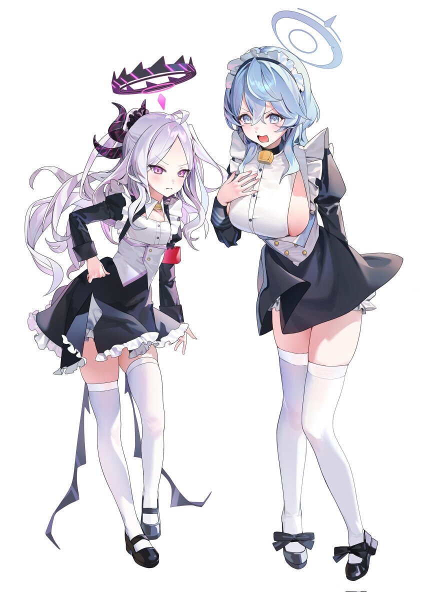 2girls ako_(blue_archive) alternate_costume black_dress black_shoes blue_archive blue_eyes breasts closed_mouth demon_horns dress enmaided forehead full_body hair_between_eyes halo hand_on_own_hip heto highres hina_(blue_archive) horns large_breasts long_hair long_sleeves looking_at_viewer maid maid_headdress medium_hair multiple_girls open_mouth purple_eyes shoes sideboob simple_background standing thighhighs white_background white_hair white_thighhighs zettai_ryouiki