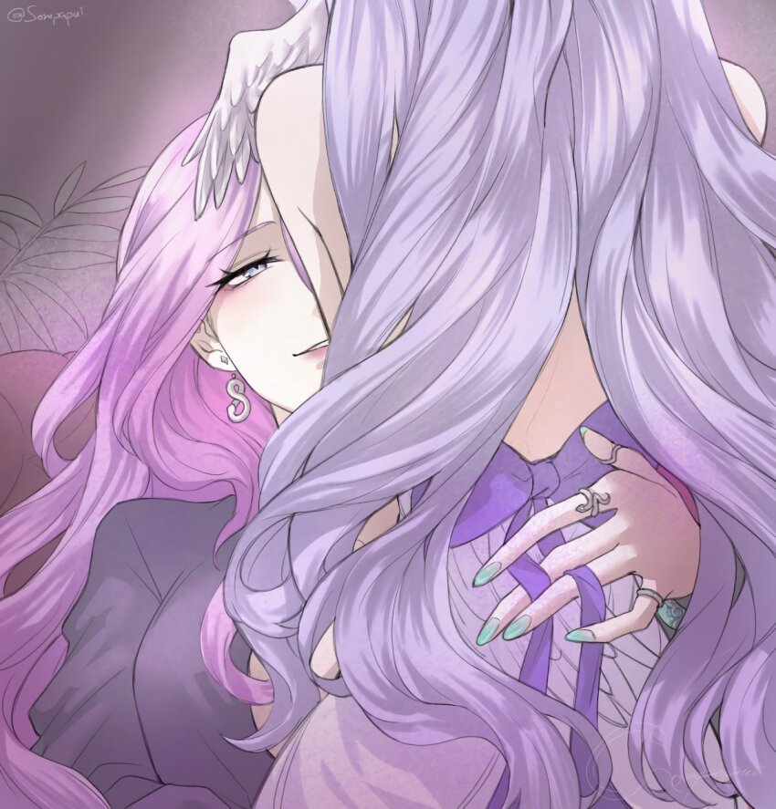 2girls aqua_nails bow grey_eyes head_wings highres honkai:_star_rail honkai_(series) jade_(honkai:_star_rail) long_hair multiple_girls nail_polish parted_lips pink_hair purple_bow purple_hair robin_(honkai:_star_rail) smile sompapui upper_body very_long_hair wings yuri
