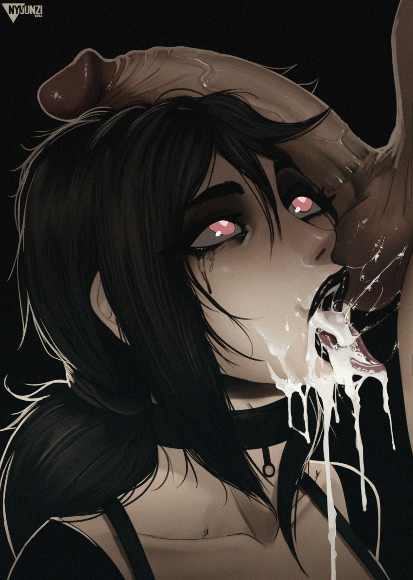 1boy 1girl after_ejaculation after_fellatio ashley_graves black_background black_choker black_hair black_lips black_sweater bra_strap choker clothed_female_nude_male collarbone commentary cum cum_in_mouth cum_on_body cum_on_tongue dark_penis english_commentary facial goth_fashion highres implied_incest large_penis lipstick lipstick_ring long_hair looking_at_penis low_ponytail makeup mascara nude nyuunzi off-shoulder_sweater off_shoulder pale_skin penis penis_on_head ponytail red_eyes runny_makeup saliva saliva_trail solo_focus sweater testicles the_coffin_of_andy_and_leyley thick_eyebrows tongue tongue_out uncensored veins veiny_penis