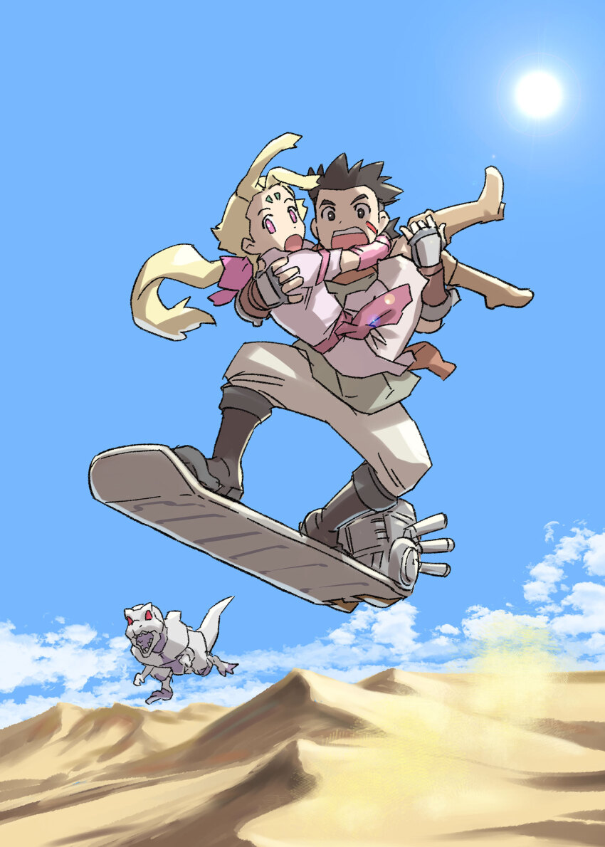1boy 1girl blonde_hair blue_sky carrying cloud commentary_request facial_mark fiona_(zoids) forehead_mark full_body gloves hair_ribbon highres long_hair open_mouth ponytail princess_carry red_eyes ribbon sand sky sun ueyama_michirou van_flyheight very_long_hair zeke_(zoids) zoids zoids_chaotic_century