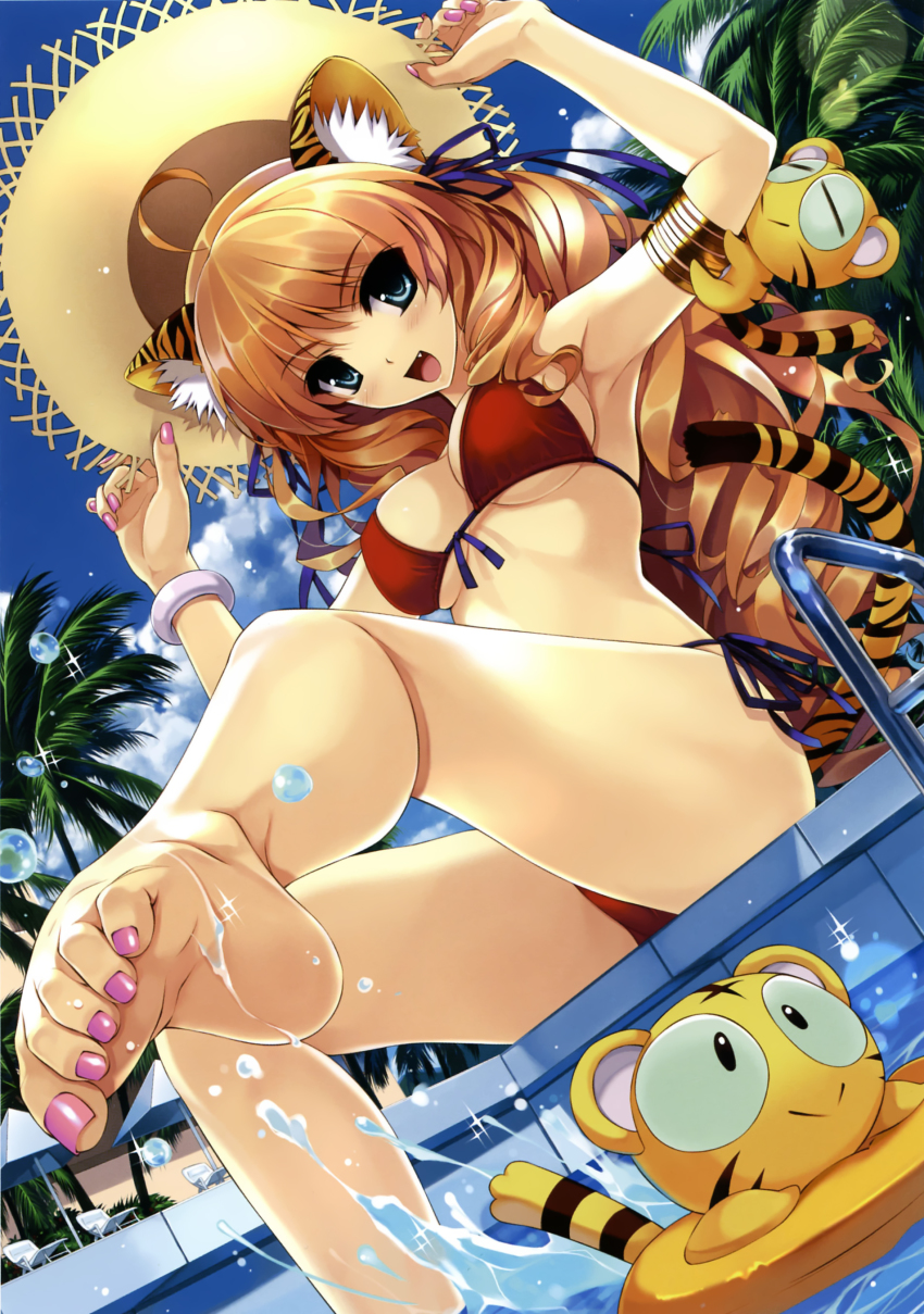 1girl :&gt; :d absurdres ahoge animal_ears armlet armpits arms_up bare_legs bare_shoulders barefoot beach_chair bikini blonde_hair blue_eyes blue_sky blush bracelet breasts cat_ears cat_girl cat_tail chair cleavage closed_eyes cloud comic_toranoana cradle_(circle) curly_hair day dutch_angle fang feet female_focus fingernails foot_focus foreshortening from_below front-tie_top hair_ribbon hat hat_lift highres holding jewelry kotora_(toranoana) ladder leg_lift leg_up legs lens_flare long_fingernails long_hair long_image looking_at_viewer looking_down lounge_chair mascot medium_breasts misaki_kurehito nail_polish on_floor open_mouth original outdoors palm_tree partially_submerged pink_nails pool pool_ladder poolside red_bikini ribbon side-tie_bikini_bottom sitting sky smile soaking_feet soles solo sparkle splashing straw_hat string_bikini swimsuit tail tall_image thighs tiger tiger_ears tiger_tail toe_scrunch toenail_polish toenails toes tree underboob very_long_hair water