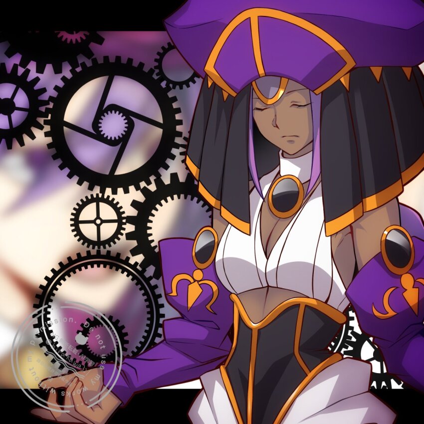 1girl ancient_egyptian bare_shoulders braid breasts closed_eyes dark-skinned_female dark_persona dark_skin detached_sleeves dress dust_of_osiris gloves highres hirakawa jewelry medium_breasts melty_blood midriff necklace purple_eyes sion_eltnam_(type-moon) sion_eltnam_atlasia tsukihime type-moon