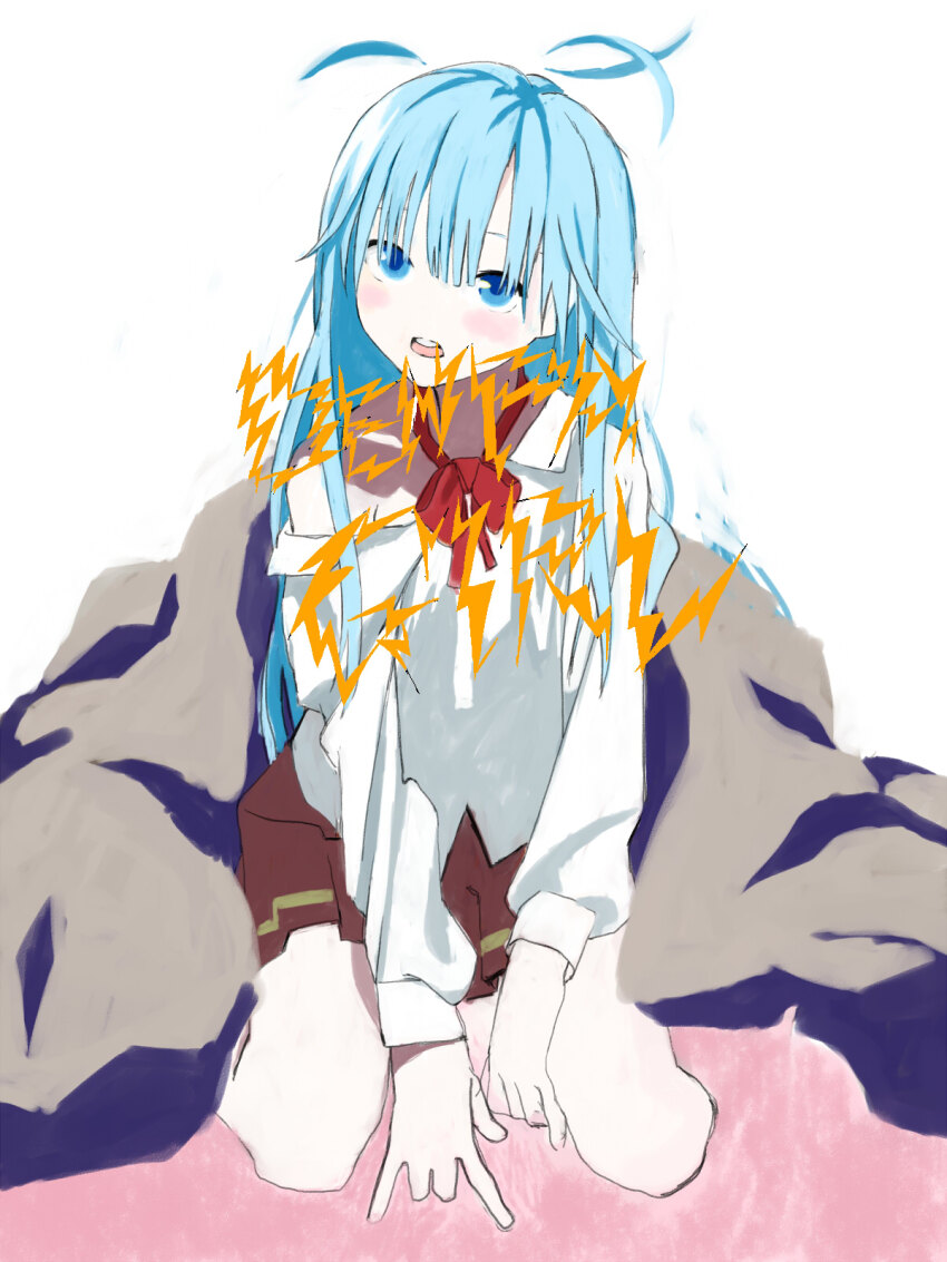 1girl \m/ blanket blue_eyes blue_hair blush bow bowtie collared_shirt commentary_request copyright_name denpa_onna_to_seishun_otoko detached_hair e_eel english_text expressionless full_body head_tilt highres light_blue_hair long_hair long_sleeves looking_at_viewer messy_hair off_shoulder open_mouth pleated_skirt red_bow red_bowtie red_skirt seiza shirt sidelocks sitting skirt solo teeth touwa_erio upper_teeth_only v_arms white_background white_shirt