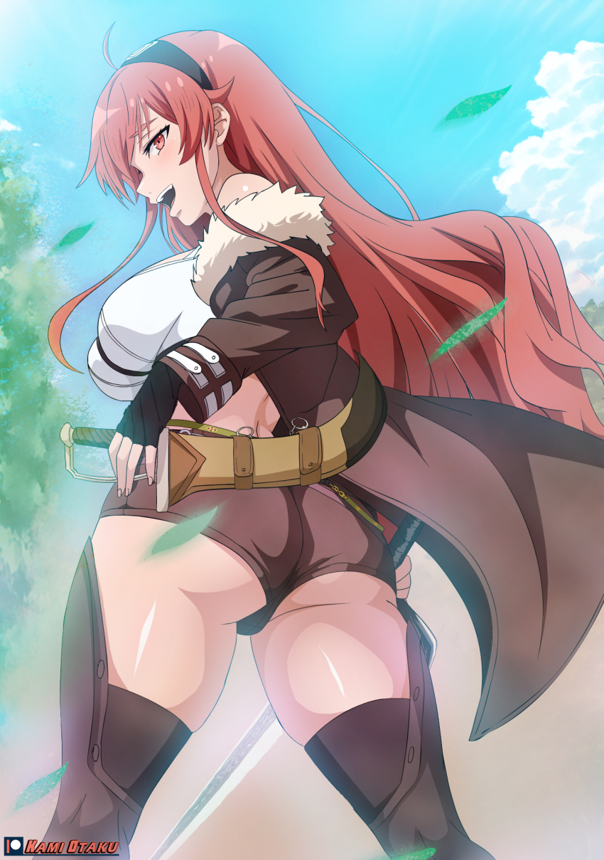 1girl ass back black_gloves black_hairband blue_sky boots breasts brown_boots brown_jacket brown_shorts cameltoe cloud cloudy_sky crop_top dagger eris_greyrat eyebrows_hidden_by_hair falling_leaves fingerless_gloves fur-trimmed_jacket fur_trim gloves hairband highres holding holding_dagger holding_knife holding_sword holding_weapon jacket kami_otaku knife large_breasts leaf long_bangs long_hair looking_back mushoku_tensei off_shoulder open_mouth red_eyes red_hair short_shorts shorts sky sleeveless sleeveless_turtleneck smile solo standing sword teeth thigh_boots thighs tongue tree turtleneck upper_teeth_only very_long_hair weapon