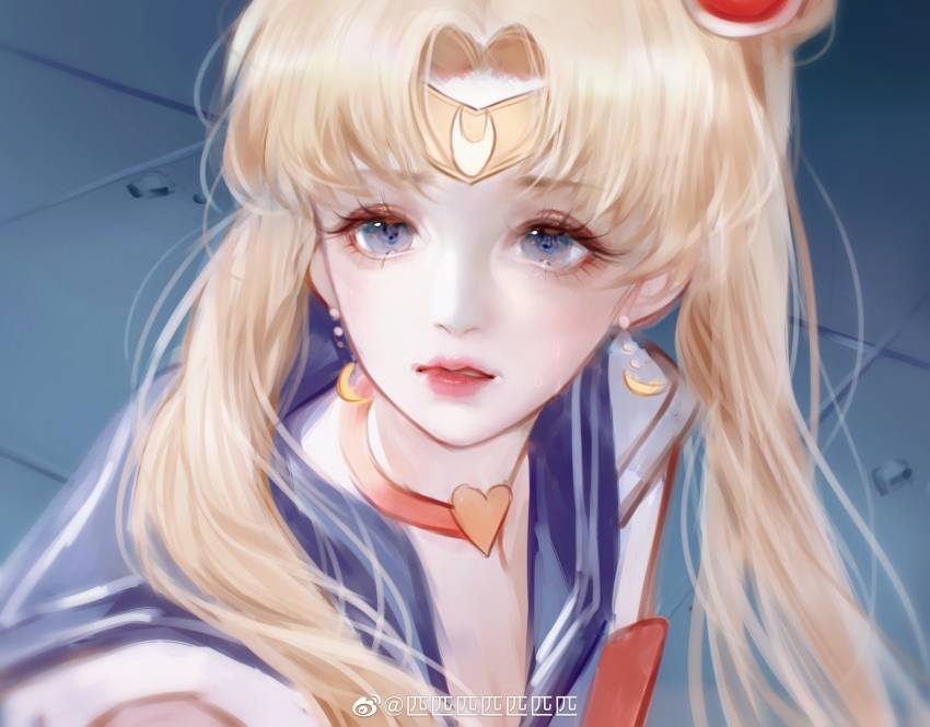 1girl bishoujo_senshi_sailor_moon blonde_hair blue_eyes blue_sailor_collar bow bowtie breasts chinese_commentary choker circlet cleavage commentary_request crescent crescent_earrings debris derivative_work double_bun earrings eyelashes eyeshadow hair_bun hair_ornament hair_over_shoulder heart heart_choker highres jewelry jiaopiupiu leotard lipstick long_hair looking_ahead magical_girl makeup meme orange_eyeshadow parted_lips pink_lips red_bow red_bowtie red_choker sailor_collar sailor_moon sailor_moon_redraw_challenge_(meme) screenshot_redraw short_sleeves solo tile_floor tiles tsukino_usagi twintails upper_body very_long_hair watermark weibo_watermark white_leotard